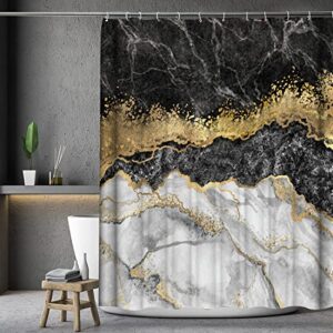 4Pcs Black Marble Shower Curtain Sets, Bathroom Sets with Shower Curtain and Rugs and Accessories, Rug Toilet Lid Cover and Non-Slip U Shape Mat, Waterproof Shower Curtain with 12 Hooks, 72" x 72"