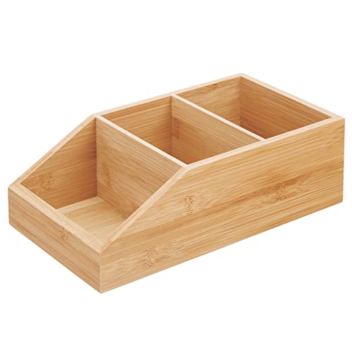 mDesign Bamboo Wood Compact Bathroom Storage Organizer Bin Box - 3 Divided Sections - Cabinets, Shelves, Countertops, Bedroom, Kitchen, Laundry Room, Closet, Garage - Natural/Tan