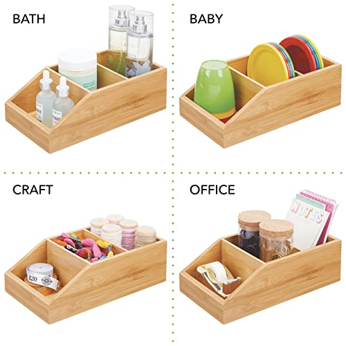 mDesign Bamboo Wood Compact Bathroom Storage Organizer Bin Box - 3 Divided Sections - Cabinets, Shelves, Countertops, Bedroom, Kitchen, Laundry Room, Closet, Garage - Natural/Tan