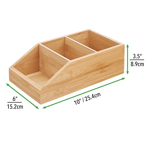 mDesign Bamboo Wood Compact Bathroom Storage Organizer Bin Box - 3 Divided Sections - Cabinets, Shelves, Countertops, Bedroom, Kitchen, Laundry Room, Closet, Garage - Natural/Tan