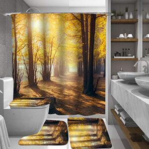 fashion_man 4pcs/set yellow forest gingko tree shower curtain polyester waterproof bath curtain bathroom rugs bath mat set toilet lid cover natural landscape bathroom decor, 72"x72", gingko tree