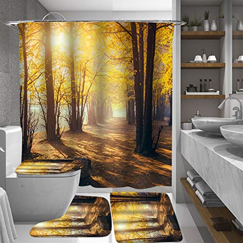 Fashion_Man 4PCS/Set Yellow Forest Gingko Tree Shower Curtain Polyester Waterproof Bath Curtain Bathroom Rugs Bath Mat Set Toilet Lid Cover Natural Landscape Bathroom Decor, 72"x72", Gingko Tree