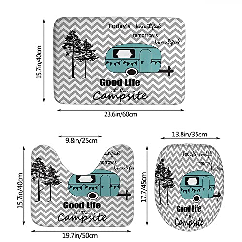 WONDERTIFY Camper Rv Bathroom Antiskid Pad Trailer Travel Tree Chevron Zig-Zag Stripes Camping Happy Camp 3 Pieces Bathroom Rugs Set, Bath Mat+Contour+Toilet Lid Cover