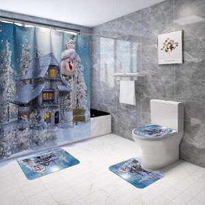 eshoo 4 pcs christmas bathroom sets with non-slip rugs, toilet lid cover, bath mat and shower curtain with hooks for christmas day