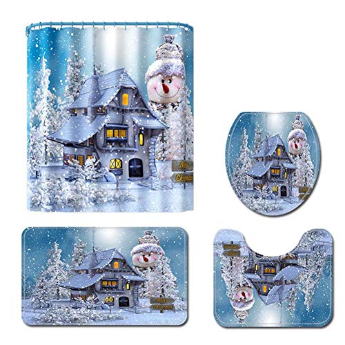 ESHOO 4 Pcs Christmas Bathroom Sets with Non-Slip Rugs, Toilet Lid Cover, Bath Mat and Shower Curtain with Hooks for Christmas Day