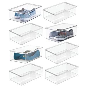 mdesign plastic closet organizer box containers with hinged lid for bedroom shelves/cabinets, holds flats, sandals, sneakers, dress shoes, heels, booties, and wedges, lumiere collection, 8 pack, clear
