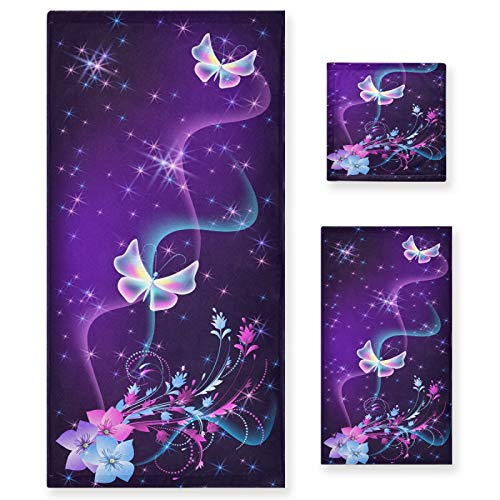 ALAZA Towel Bathroom Sets Butterfly on Purple Towel Set of 3 Soft Highly Absorbent Towels 1 Bath Towel 1 Hand Towel 1 Washcloth for Kitchen Beach Gym Spa Decorative