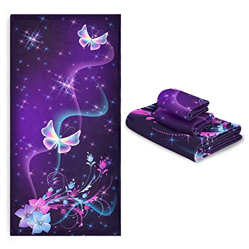 ALAZA Towel Bathroom Sets Butterfly on Purple Towel Set of 3 Soft Highly Absorbent Towels 1 Bath Towel 1 Hand Towel 1 Washcloth for Kitchen Beach Gym Spa Decorative