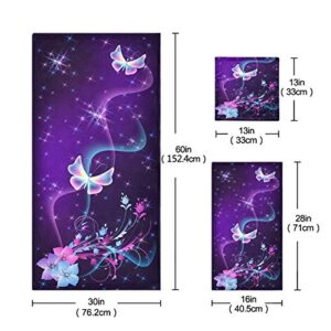 ALAZA Towel Bathroom Sets Butterfly on Purple Towel Set of 3 Soft Highly Absorbent Towels 1 Bath Towel 1 Hand Towel 1 Washcloth for Kitchen Beach Gym Spa Decorative