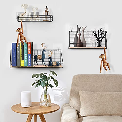 Livabber Floating Shelves Wall Mounted,Home Office Decor- 2 Rustic Arrow Design Wood Storage Metal Shelves Wall Mounted+Adhesive Shower Caddy Basket Shelf for Bathroom, Kitchen, 2 Pack (Large & Small)