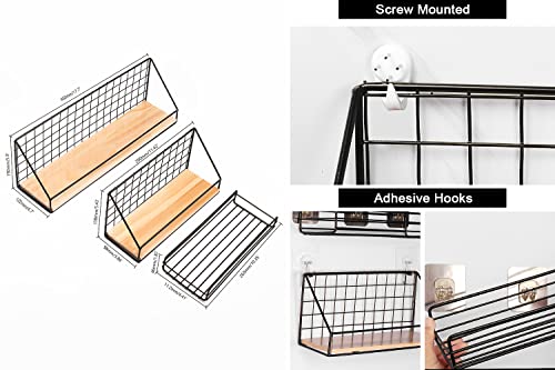 Livabber Floating Shelves Wall Mounted,Home Office Decor- 2 Rustic Arrow Design Wood Storage Metal Shelves Wall Mounted+Adhesive Shower Caddy Basket Shelf for Bathroom, Kitchen, 2 Pack (Large & Small)