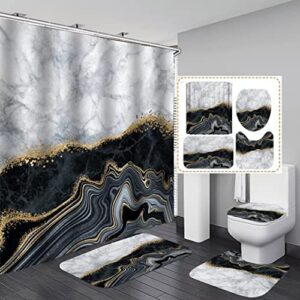 4pcs black shower curtain set,gold marble bathroom sets with shower curtain and rugs and accessories,bathroom curtain with non-slip rugs, toilet lid cover and 12 hooks,72x72inch