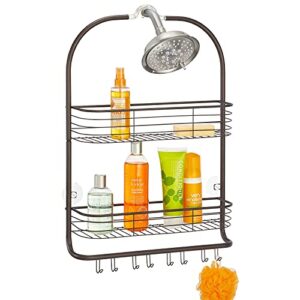 mdesign extra wide hanging shower caddy storage organizer, metal wire bathroom organization center with built-in hooks and baskets on 2 levels for shampoo, body wash, loofahs - bronze