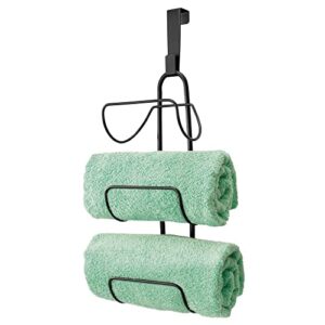 mdesign modern decorative metal wire over shower door towel rack holder organizer - for storage of bathroom towels, washcloths, hand towels - 3 tiers - black