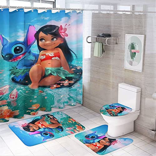 fmsnupz Cartoon Shower Curtain 4PCS Set, Cute Bathroom Decor with Non-Slip Rugs, Toilet Lid Cover and Bath Mat, Waterproof Fabric Shower Curtains with 12 Hooks, 70.8"x70.8"