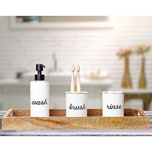 AuldHome Farmhouse Bathroom Accessories Set (3-Piece Set, White); Enamelware Matching Soap Dispenser, Toothbrush Holder and Rinse Cup for Sink Vanity