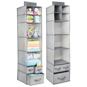 mdesign soft fabric over closet rod hanging storage organizer with 7 shelves and 3 removable drawers for child/kids room or nursery - textured print - 2 pack - gray