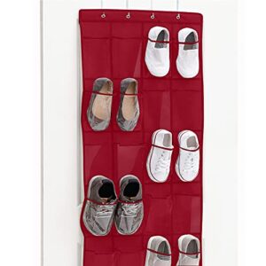 gorilla grip crystal clear large 24 pocket shoe organizer, holds up to 40 pounds, sturdy hooks, space saving, over door, storage rack hangs on closets for shoes, sneakers or accessories, red