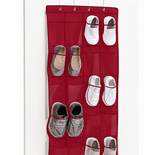 Gorilla Grip Crystal Clear Large 24 Pocket Shoe Organizer, Holds Up to 40 Pounds, Sturdy Hooks, Space Saving, Over Door, Storage Rack Hangs on Closets for Shoes, Sneakers or Accessories, Red