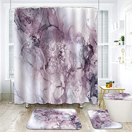 4pcs Marble Shower Curtain Bathroom Set, Abstract Marble Pattern Bathtub Accessory Kit with Bath Rugs Non-Slip Mat Toilet Seat Cover, Luxury Complete Wet Room Decor (Purple)