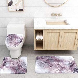 4pcs Marble Shower Curtain Bathroom Set, Abstract Marble Pattern Bathtub Accessory Kit with Bath Rugs Non-Slip Mat Toilet Seat Cover, Luxury Complete Wet Room Decor (Purple)