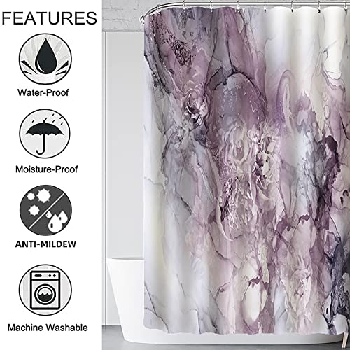 4pcs Marble Shower Curtain Bathroom Set, Abstract Marble Pattern Bathtub Accessory Kit with Bath Rugs Non-Slip Mat Toilet Seat Cover, Luxury Complete Wet Room Decor (Purple)