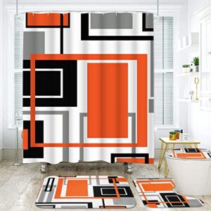 likiyol 4 pcs burnt orange shower curtain sets with non-slip rugs, toilet lid cover and bath mat, modern abstract geometric shower curtain with 12 hooks, black grey bathroom set