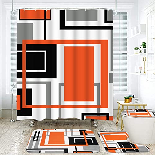 Likiyol 4 Pcs Burnt Orange Shower Curtain Sets with Non-Slip Rugs, Toilet Lid Cover and Bath Mat, Modern Abstract Geometric Shower Curtain with 12 Hooks, Black Grey Bathroom Set