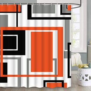 Likiyol 4 Pcs Burnt Orange Shower Curtain Sets with Non-Slip Rugs, Toilet Lid Cover and Bath Mat, Modern Abstract Geometric Shower Curtain with 12 Hooks, Black Grey Bathroom Set