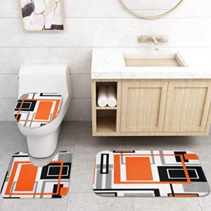 Likiyol 4 Pcs Burnt Orange Shower Curtain Sets with Non-Slip Rugs, Toilet Lid Cover and Bath Mat, Modern Abstract Geometric Shower Curtain with 12 Hooks, Black Grey Bathroom Set