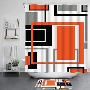 Likiyol 4 Pcs Burnt Orange Shower Curtain Sets with Non-Slip Rugs, Toilet Lid Cover and Bath Mat, Modern Abstract Geometric Shower Curtain with 12 Hooks, Black Grey Bathroom Set