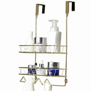mygift brass metal wire over the door hanging bathroom accessories organizer rack, 2 tier bath storage shelf with 4 triangular hooks