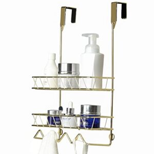 MyGift Brass Metal Wire Over The Door Hanging Bathroom Accessories Organizer Rack, 2 Tier Bath Storage Shelf with 4 Triangular Hooks