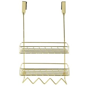 MyGift Brass Metal Wire Over The Door Hanging Bathroom Accessories Organizer Rack, 2 Tier Bath Storage Shelf with 4 Triangular Hooks