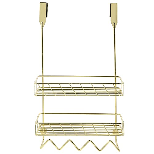 MyGift Brass Metal Wire Over The Door Hanging Bathroom Accessories Organizer Rack, 2 Tier Bath Storage Shelf with 4 Triangular Hooks