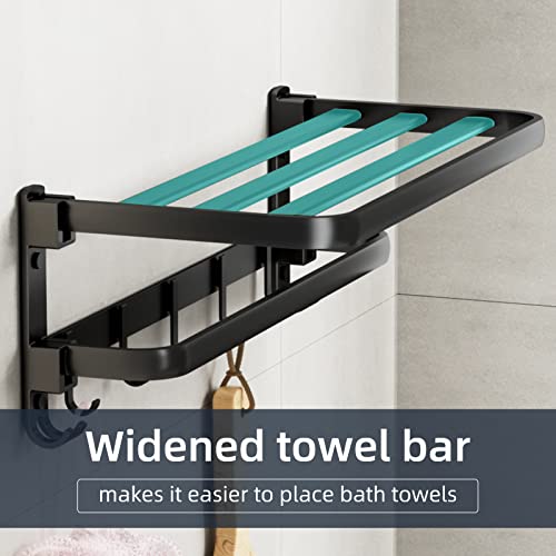 KAHANG Foldable 24 Inch Towel Rack for Bathroom with Sturdy Hooks - Save Space & Keep Towels Clean and Tidy Matte Black