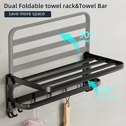 KAHANG Foldable 24 Inch Towel Rack for Bathroom with Sturdy Hooks - Save Space & Keep Towels Clean and Tidy Matte Black