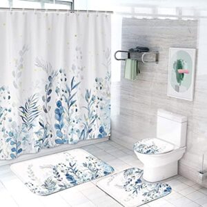 leopinky 4pcs shower curtain set, plant bathroom sets with shower curtain and rugs, botanical nature leaf bath curtain set with 12 hooks for bathroom (71" x 71", blue)