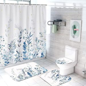 Leopinky 4pcs Shower Curtain Set, Plant Bathroom Sets with Shower Curtain and Rugs, Botanical Nature Leaf Bath Curtain Set with 12 Hooks for Bathroom (71" X 71", Blue)