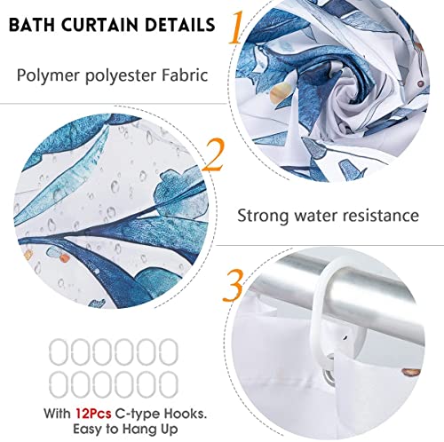 Leopinky 4pcs Shower Curtain Set, Plant Bathroom Sets with Shower Curtain and Rugs, Botanical Nature Leaf Bath Curtain Set with 12 Hooks for Bathroom (71" X 71", Blue)