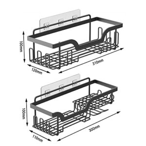 2 Pack Shower Caddy Shelf, Wall Mounted Organizer Rack, Self Adhesive Bathroom Shelves with Soap Dish, Bathroom Basket Shelf with Hooks, Home Wall Shower Inside Organization and Storage (Matte Black)