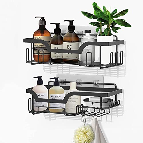 2 Pack Shower Caddy Shelf, Wall Mounted Organizer Rack, Self Adhesive Bathroom Shelves with Soap Dish, Bathroom Basket Shelf with Hooks, Home Wall Shower Inside Organization and Storage (Matte Black)