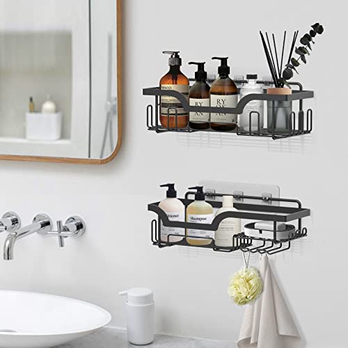 2 Pack Shower Caddy Shelf, Wall Mounted Organizer Rack, Self Adhesive Bathroom Shelves with Soap Dish, Bathroom Basket Shelf with Hooks, Home Wall Shower Inside Organization and Storage (Matte Black)