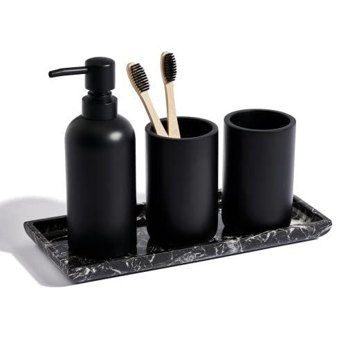 Premium 4 Pcs Matte Black Bathroom Accessories Set Complete with Black Marble Tray. Bathroom Soap Dispenser Set. Bathroom Decor Sets Accessories with Bathroom Tray. Bathroom Sets Accessories (Black)