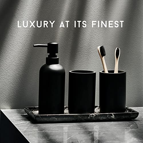 Premium 4 Pcs Matte Black Bathroom Accessories Set Complete with Black Marble Tray. Bathroom Soap Dispenser Set. Bathroom Decor Sets Accessories with Bathroom Tray. Bathroom Sets Accessories (Black)