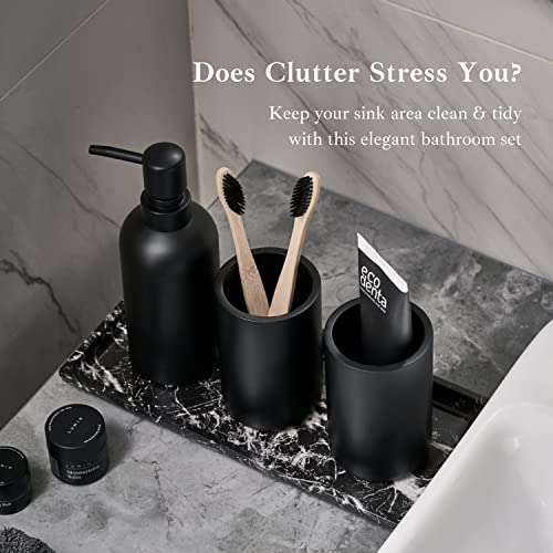 Premium 4 Pcs Matte Black Bathroom Accessories Set Complete with Black Marble Tray. Bathroom Soap Dispenser Set. Bathroom Decor Sets Accessories with Bathroom Tray. Bathroom Sets Accessories (Black)