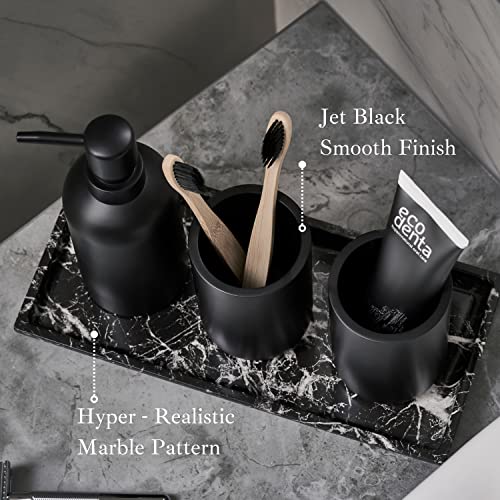 Premium 4 Pcs Matte Black Bathroom Accessories Set Complete with Black Marble Tray. Bathroom Soap Dispenser Set. Bathroom Decor Sets Accessories with Bathroom Tray. Bathroom Sets Accessories (Black)