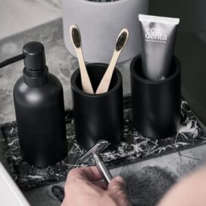 Premium 4 Pcs Matte Black Bathroom Accessories Set Complete with Black Marble Tray. Bathroom Soap Dispenser Set. Bathroom Decor Sets Accessories with Bathroom Tray. Bathroom Sets Accessories (Black)