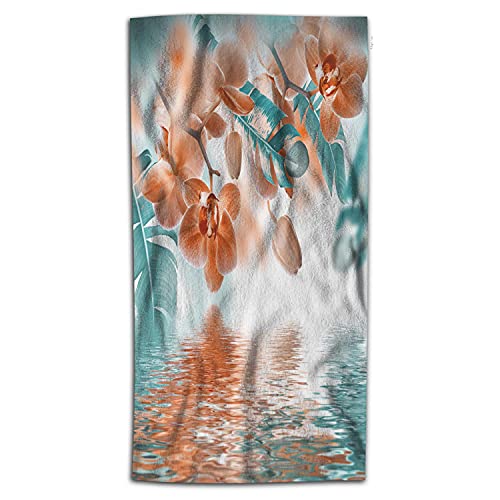 WONDERTIFY Orchid Hand Towel Floral Tropical Flower Leaf Zen Reflection Hand Towels for Bathroom, Hand & Face Washcloths Teal Orange 15X30 Inches