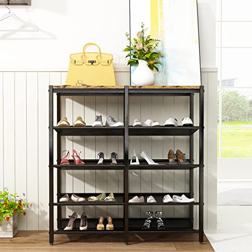 Lamerge Shoe Rack Storage Organizer, 5-Tier Shoe Storage Shelf for 16 Pairs,Stackable Shoe Shelf with 4 Metal Mesh Shelves /wood tabletop,for Entryway, Hallway, Closet, Dorm Room,Rustic Brown